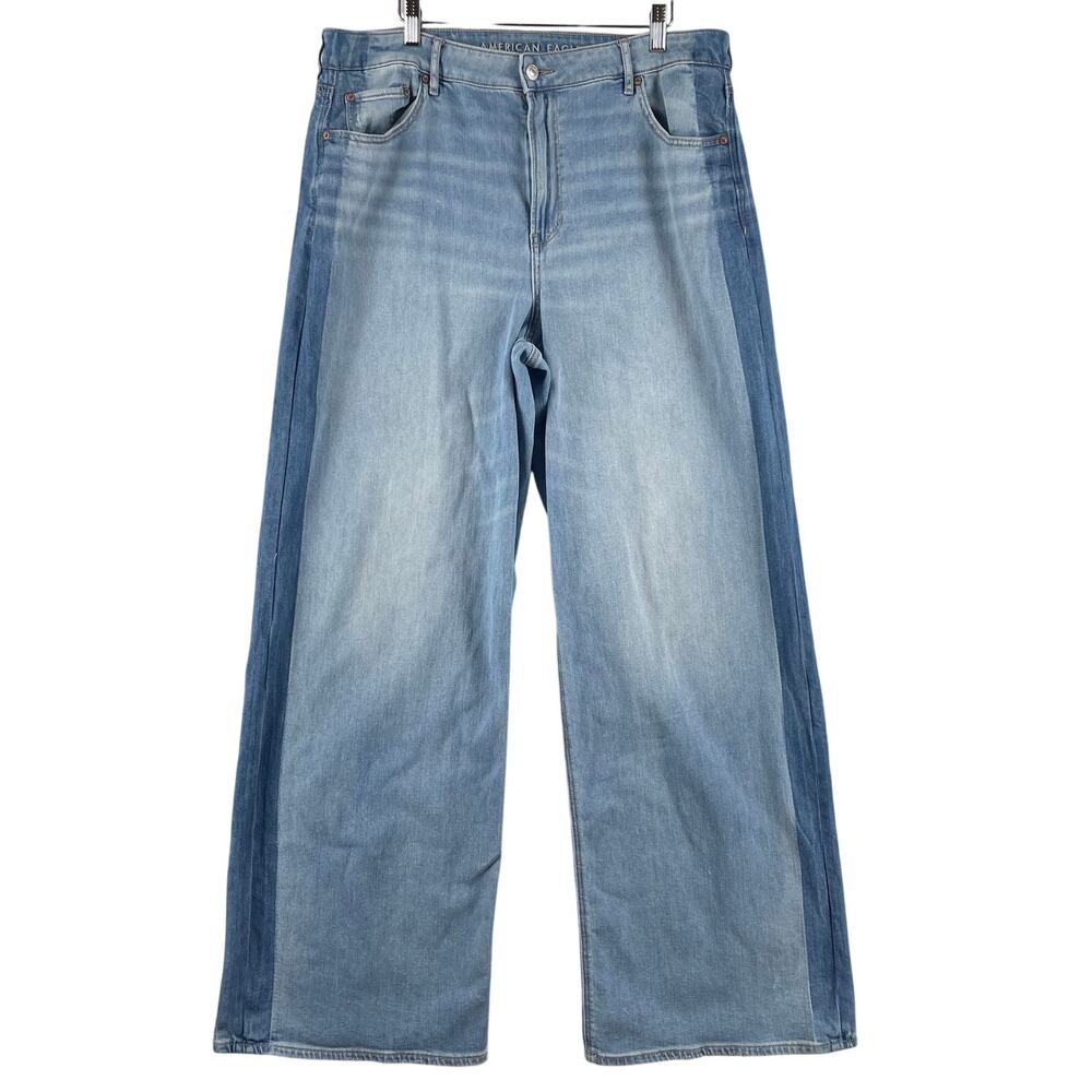 American Eagle Womens Super High Rise Baggy Wide Leg Jeans SZ 16 Long Light Wash